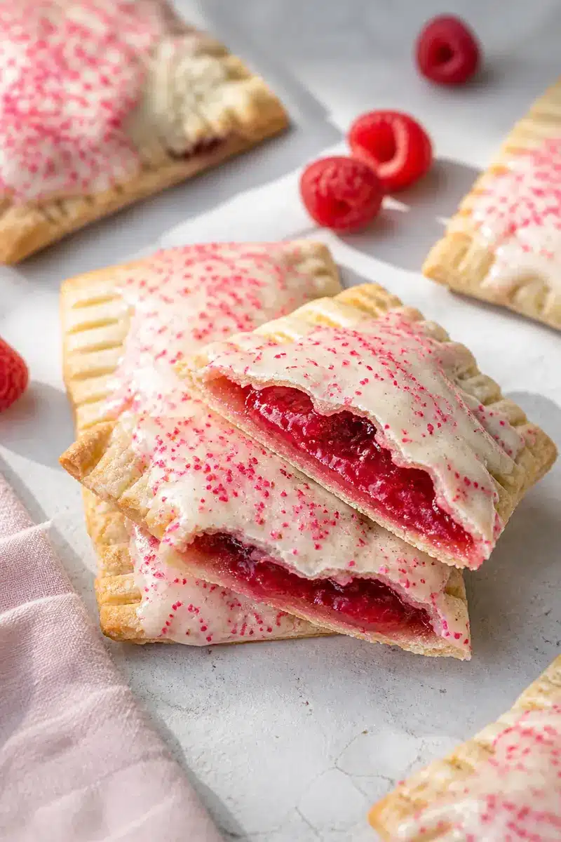 Raspberry Jam Pop Tarts 1 Raspberry jam pop tarts with vanilla glaze and red sprinkles