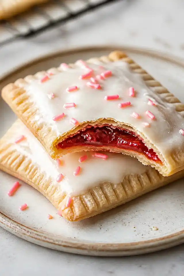 Air Fryer Strawberry Pop Tarts 5 Close-up air fryer strawberry pop tarts showing flaky crust, strawberry filling, vanilla icing, and pink sprinkles