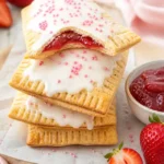 Air fryer strawberry pop tarts stacked with strawberry filling, vanilla icing, and pink sprinkles
