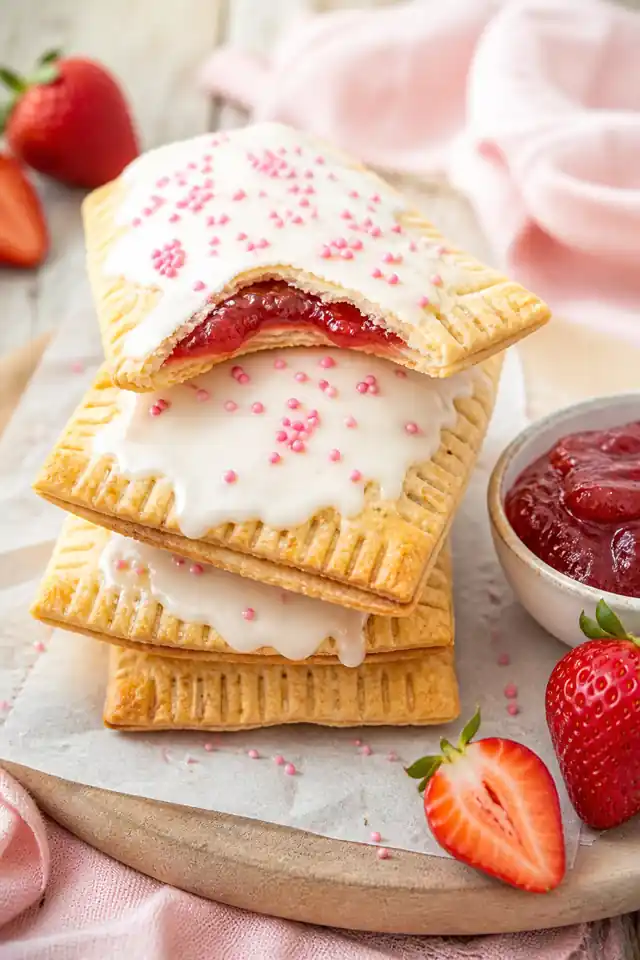 Air Fryer Strawberry Pop Tarts 1 Air fryer strawberry pop tarts stacked with strawberry filling, vanilla icing, and pink sprinkles