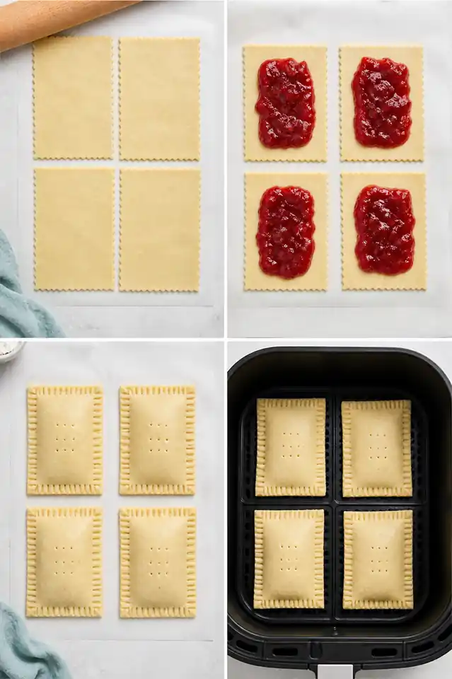 Air Fryer Strawberry Pop Tarts 4 Four-step collage for air fryer strawberry pop tarts showing cut pie crust, strawberry jam filling, sealed vented pastries, and an air fryer basket