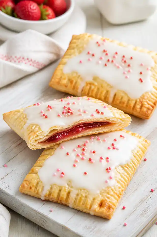 Air Fryer Strawberry Pop Tarts 6 Air fryer strawberry pop tarts stacked on a light serving board with vanilla glaze and pink sprinkles
