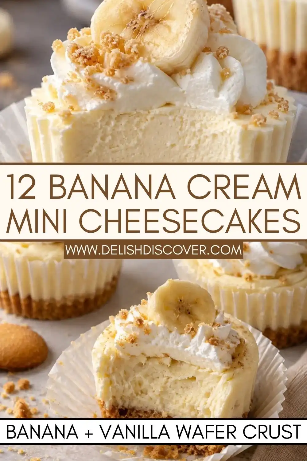 Twelve banana cream mini cheesecakes with vanilla wafer crusts, whipped cream, banana slices, and cookie crumbs.