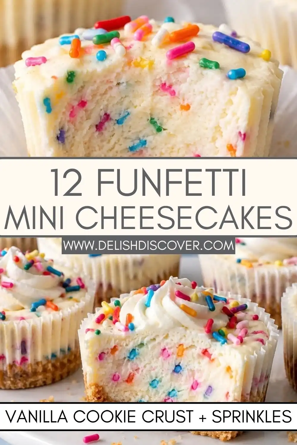 Twelve funfetti mini cheesecakes with vanilla cookie crusts, creamy sprinkle-filled centers, whipped cream, and rainbow jimmies.