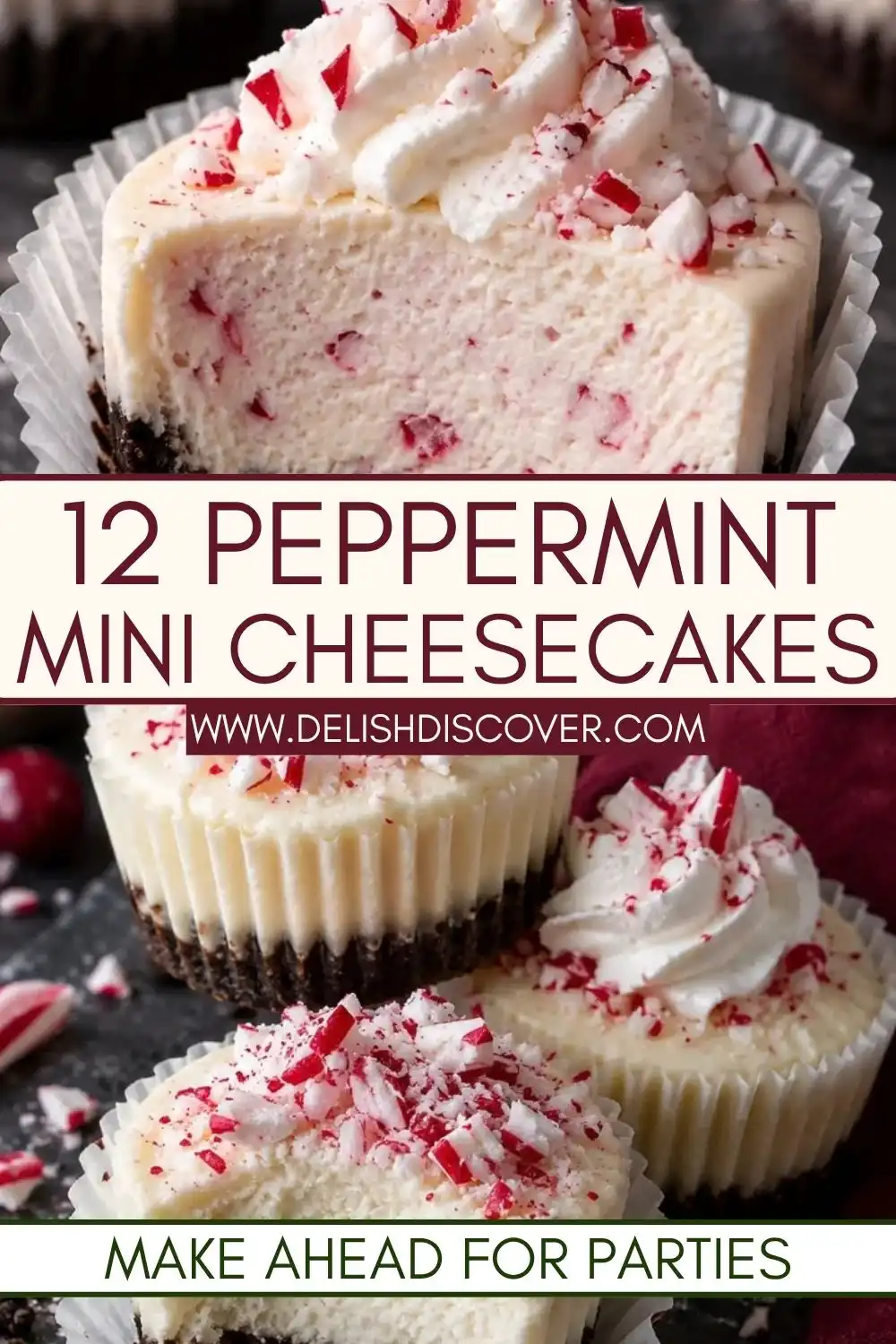 Twelve peppermint mini cheesecakes with creamy centers, cookie crusts, whipped topping, and crushed peppermint candy.