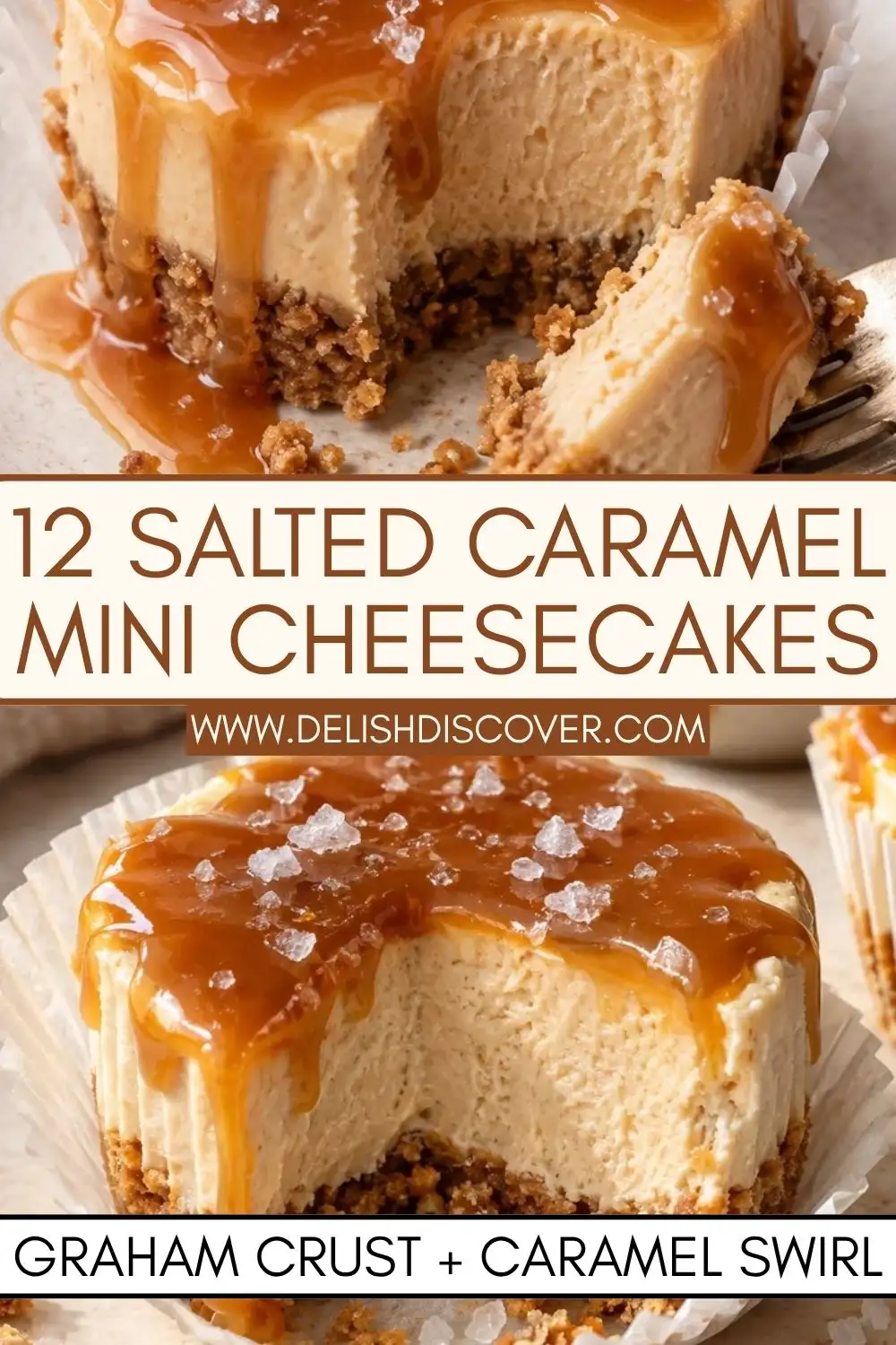 Individual salted caramel mini cheesecakes with creamy filling, graham crust, caramel topping, and coarse salt flakes.