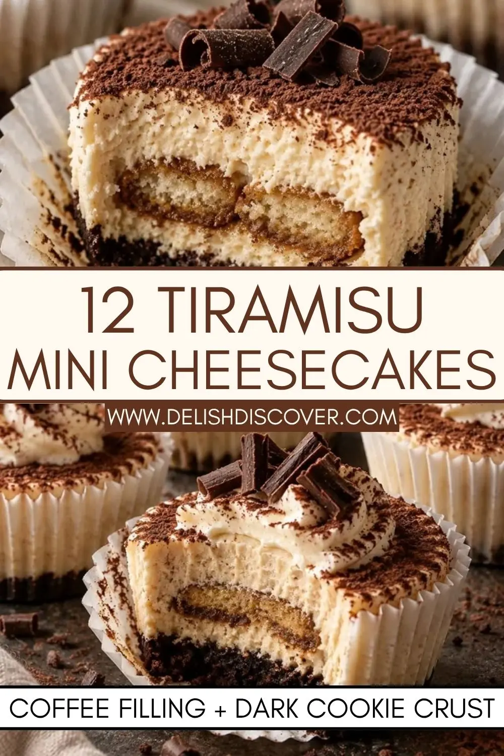 Twelve tiramisu mini cheesecakes with creamy coffee filling, dark cookie crusts, cocoa topping, and chocolate curls.