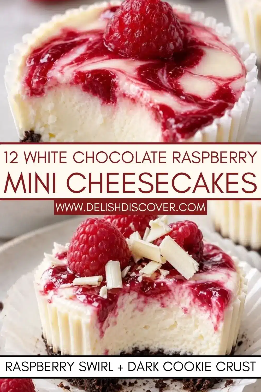 Twelve white chocolate raspberry mini cheesecakes with raspberry swirl, dark cookie crust, fresh raspberries, and white chocolate garnish.