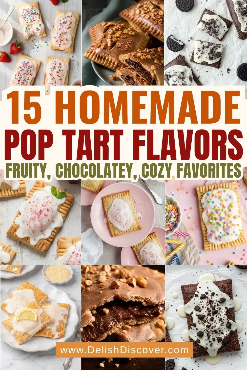 A collage of fruit, chocolate, lemon, birthday cake, Nutella, and cookies-and-cream pastries representing a variety of homemade Pop Tart flavors.