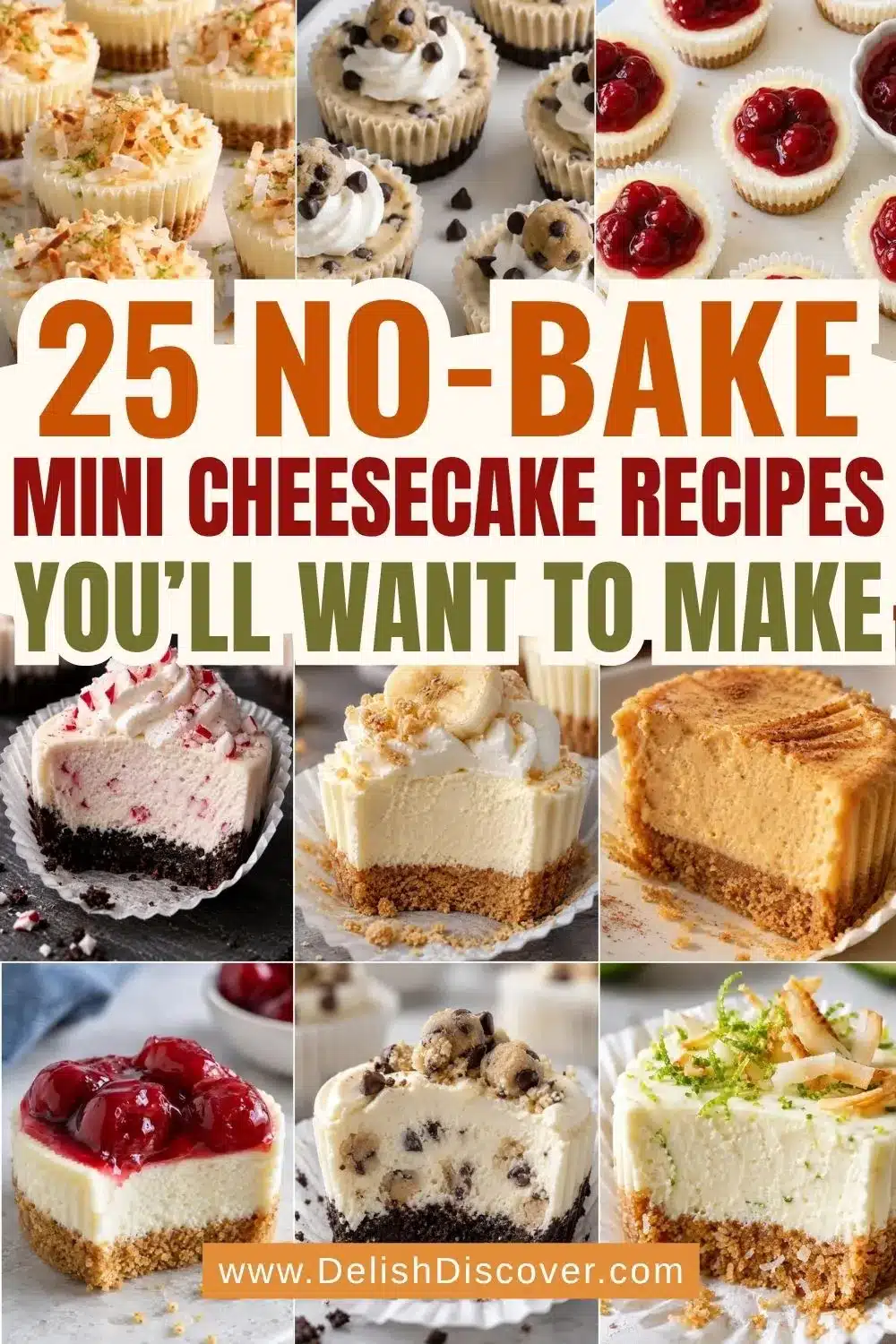 Pinterest collage showing several no-bake mini cheesecake flavors including coconut lime, cookie dough, cherry, peppermint, banana cream, pumpkin, and other individual desserts.