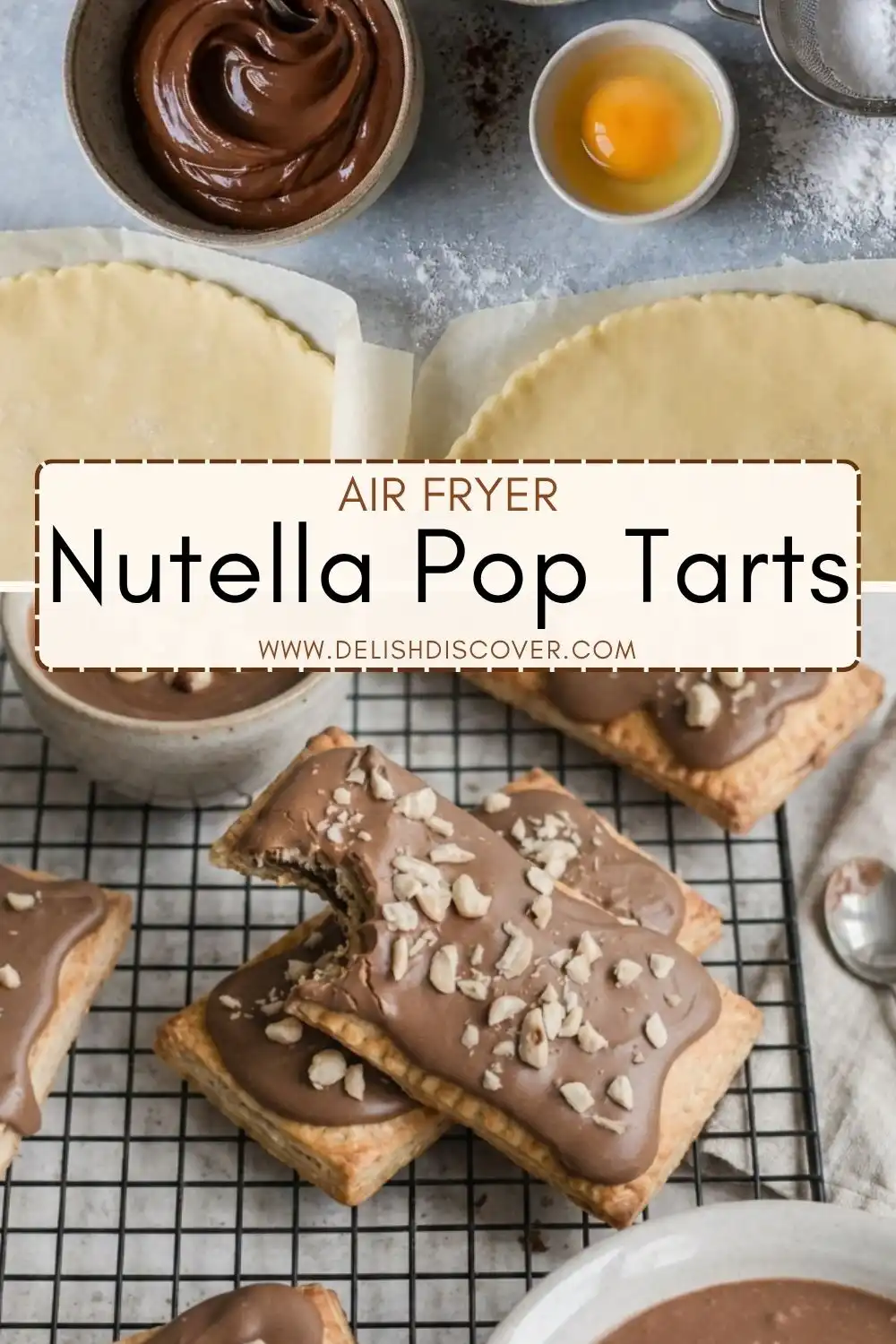 Chocolate-glazed Nutella pastries cooling on a rack with chopped hazelnuts, pie crust, egg, and chocolate-hazelnut spread nearby.