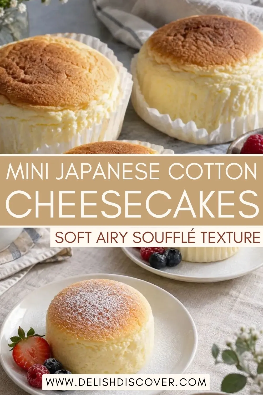 Individual golden Japanese cotton cheesecakes served on plates with berries, showing their tall, fluffy sides and lightly browned tops.