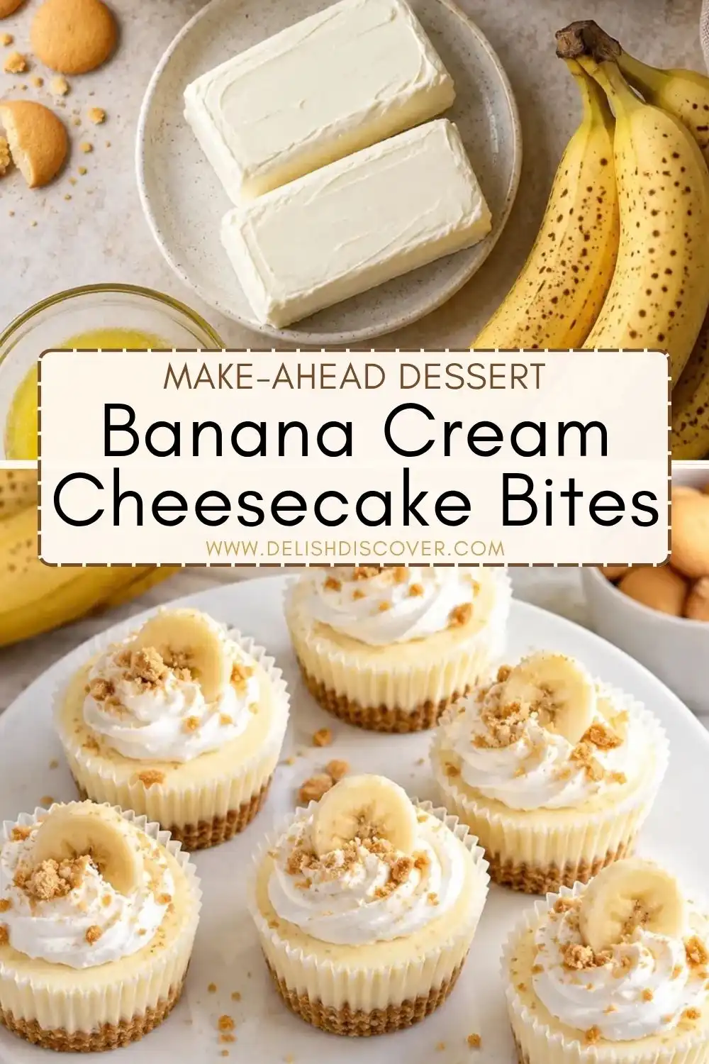 Banana cream cheesecake bites topped with whipped cream, banana slices, and vanilla wafer crumbs on a serving platter.