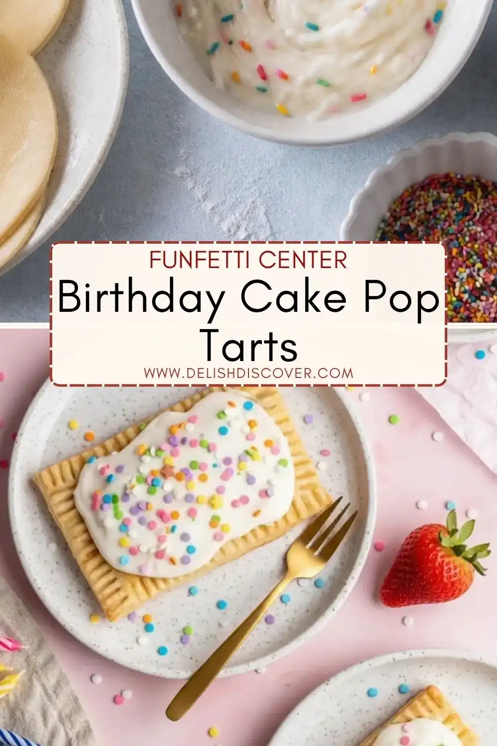 A glazed birthday cake pastry covered with pastel sprinkles beside bowls of creamy frosting and colorful confetti sprinkles.
