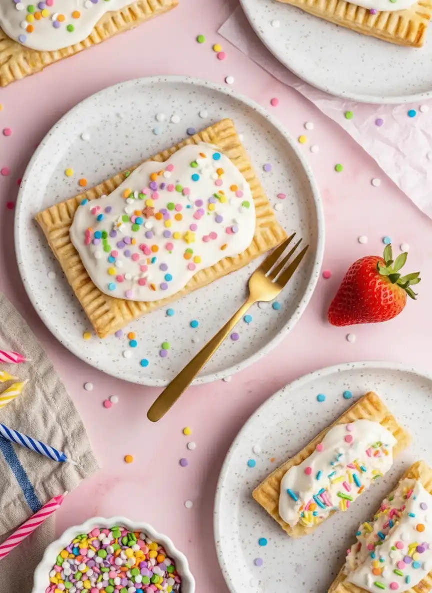 Homemade Birthday Pop Tarts 2 Homemade birthday cake Pop-Tarts with white icing and rainbow jimmies on pale blue plates, with one Pop-Tart bitten open to reveal a creamy white filling with colorful sprinkle flecks and fresh strawberry slices scattered nearby