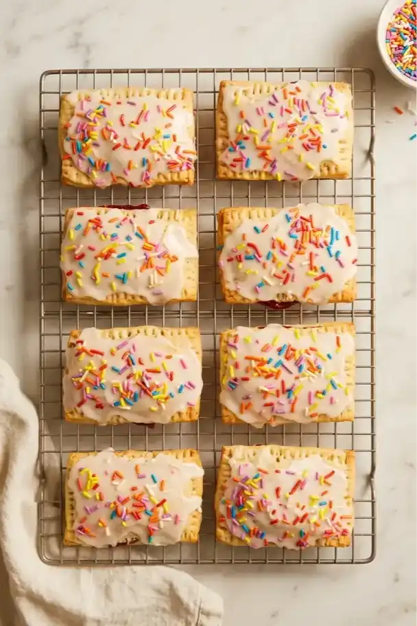 Homemade Birthday Pop Tarts 6 Nine homemade birthday Pop-Tarts topped with white icing and colorful sprinkles on a marble background, with one bitten open to show a thick, creamy frosting filling with rainbow jimmies