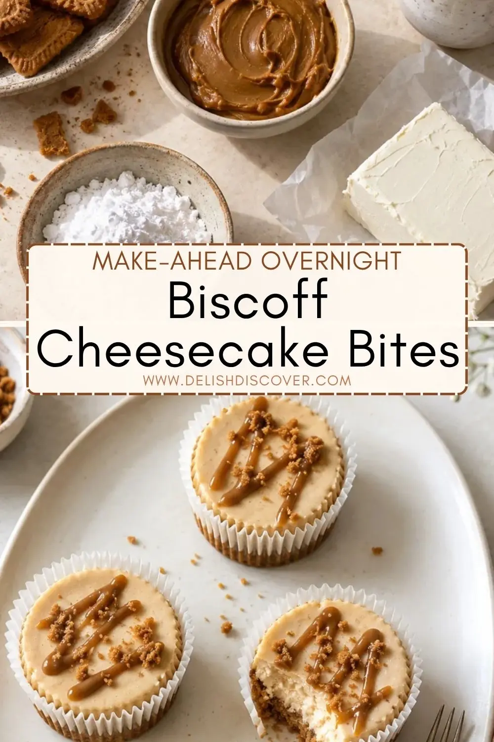 Biscoff cheesecake bites in paper liners with cookie butter drizzle, crumb topping, and ingredients like cream cheese and cookie butter nearby.