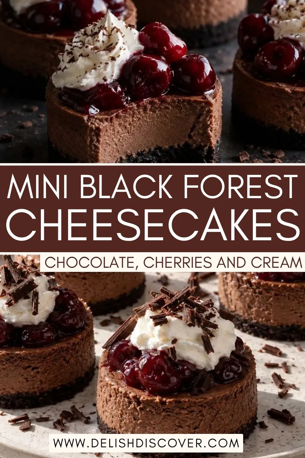 Mini chocolate cheesecakes topped with glossy cherries, white whipped cream, and dark chocolate shavings on a serving platter.