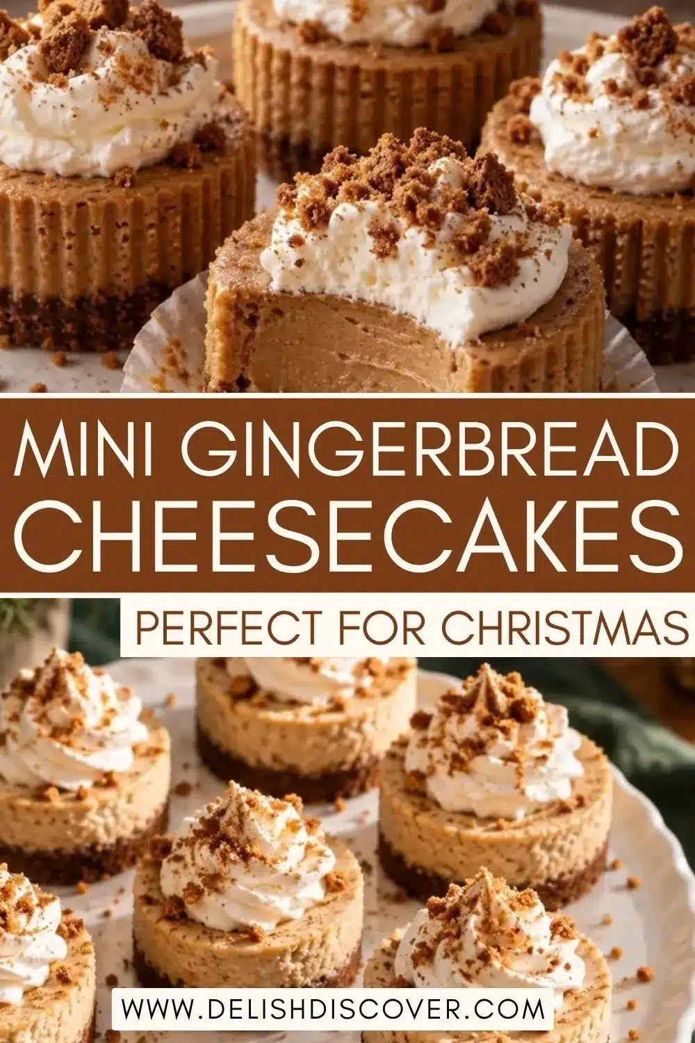 Individual gingerbread cheesecakes with creamy spiced centers, dark gingersnap crusts, whipped cream, and cookie crumbs on a holiday serving platter.