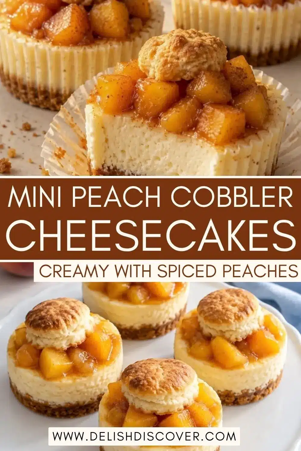 Mini vanilla cheesecakes topped with glossy diced peaches and small baked biscuits, arranged on a white serving platter.