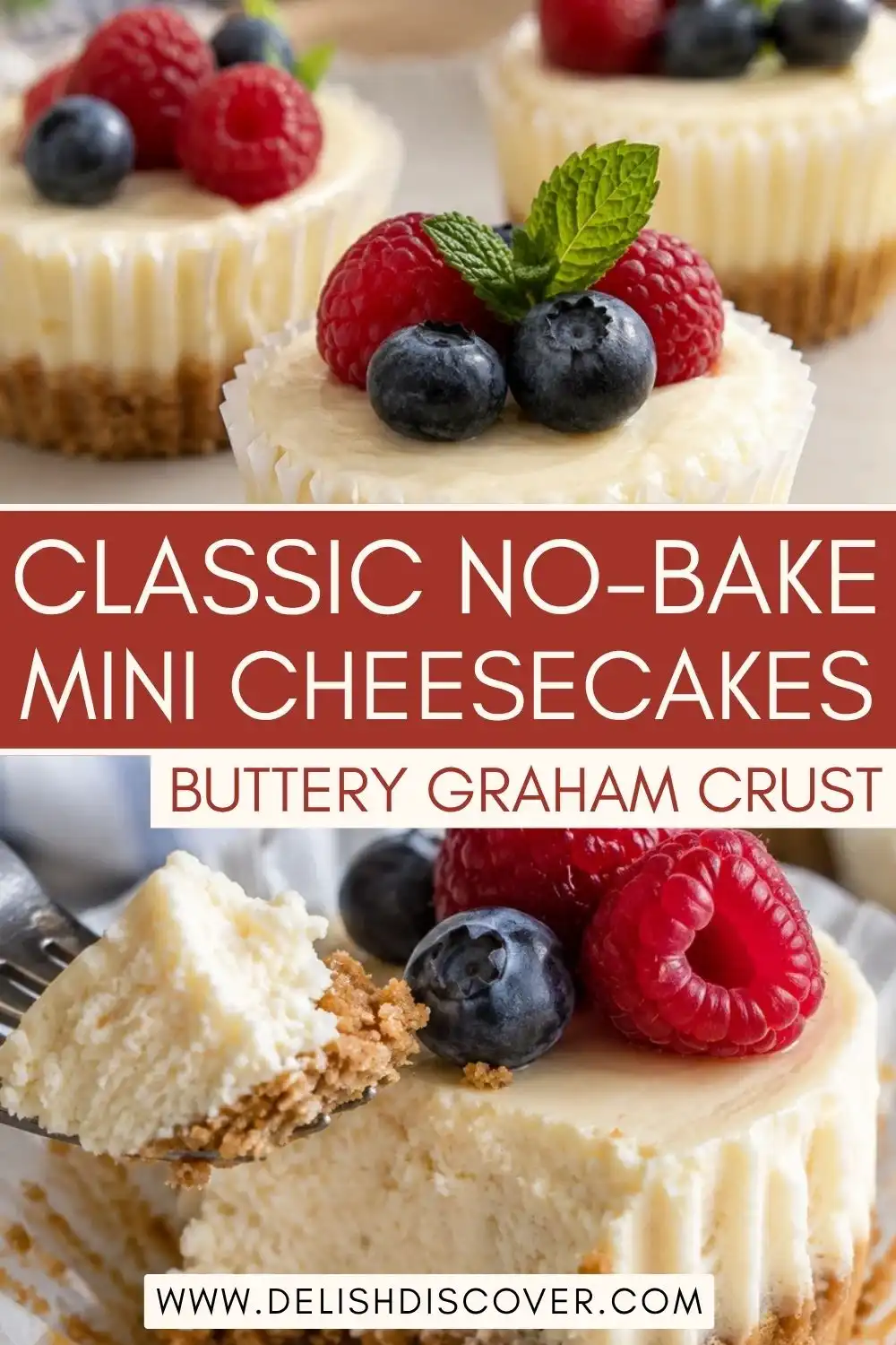 Individual no-bake cheesecakes with creamy vanilla filling, graham cracker crust, raspberries, blueberries, and mint, including one cut open to show the texture.