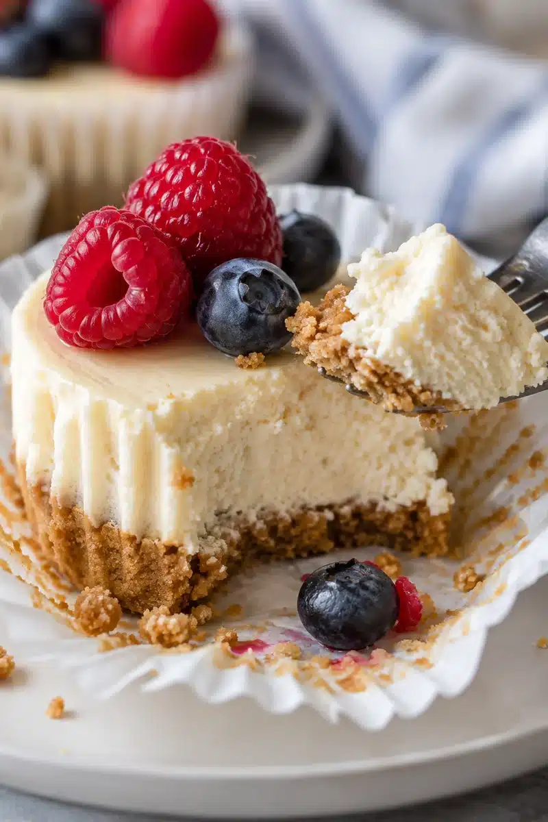 Classic No-Bake Mini Cheesecakes 5 No-bake mini cheesecake cut open to show creamy filling and graham crust