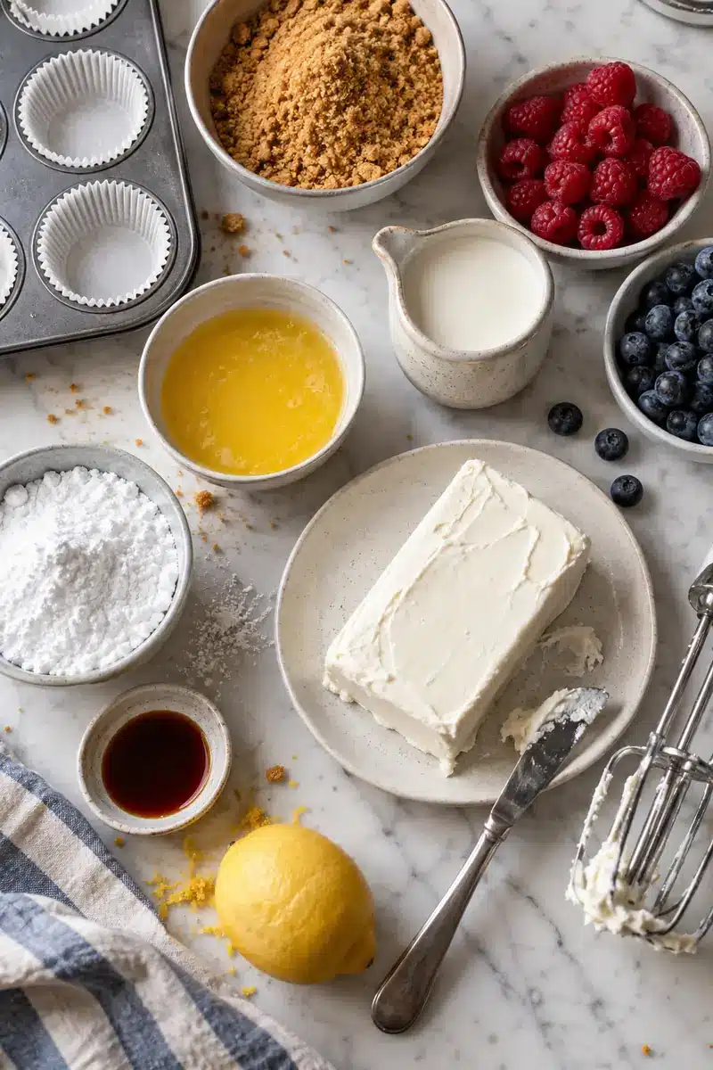 Classic No-Bake Mini Cheesecakes 3 Ingredients for no-bake mini cheesecakes arranged for baking