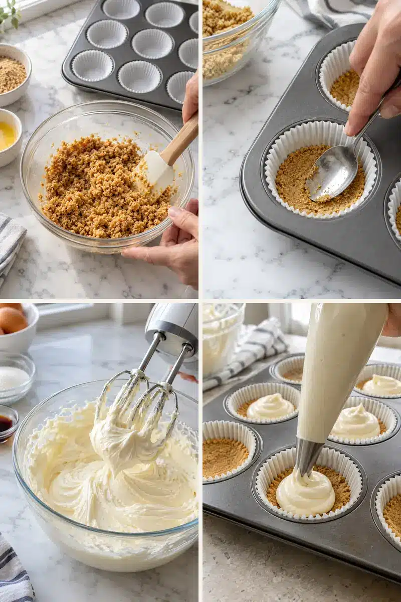 Classic No-Bake Mini Cheesecakes 4 Four steps for making no-bake mini cheesecakes in a muffin tin