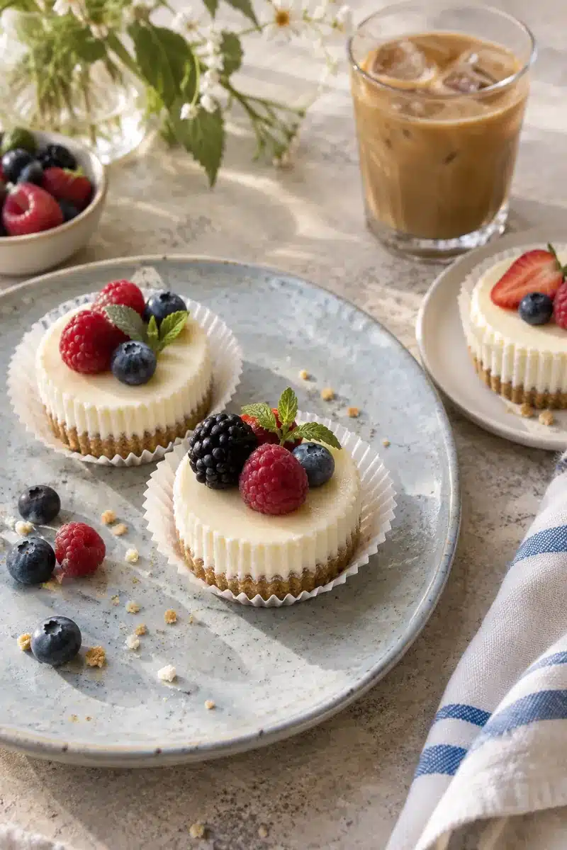 Classic No-Bake Mini Cheesecakes 6 No-bake mini cheesecakes served with fresh berries