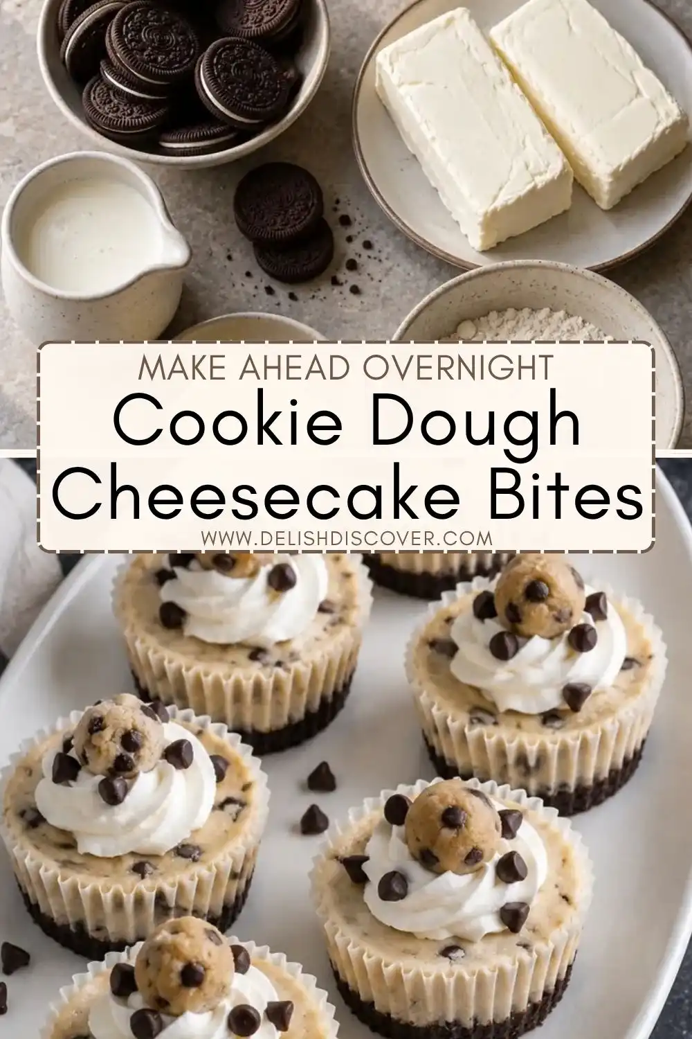 Cookie dough cheesecake bites with chocolate cookie crusts, creamy vanilla filling, whipped cream, mini chocolate chips, and edible cookie dough balls.