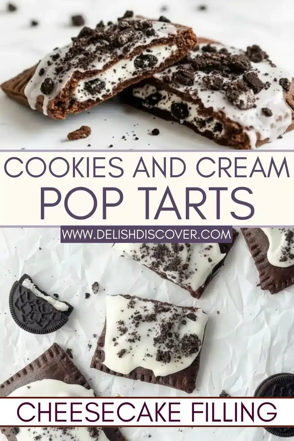 Dark chocolate pop tarts topped with white vanilla glaze and crushed sandwich-cookie crumbs, with one pastry cut open to reveal the creamy speckled filling.