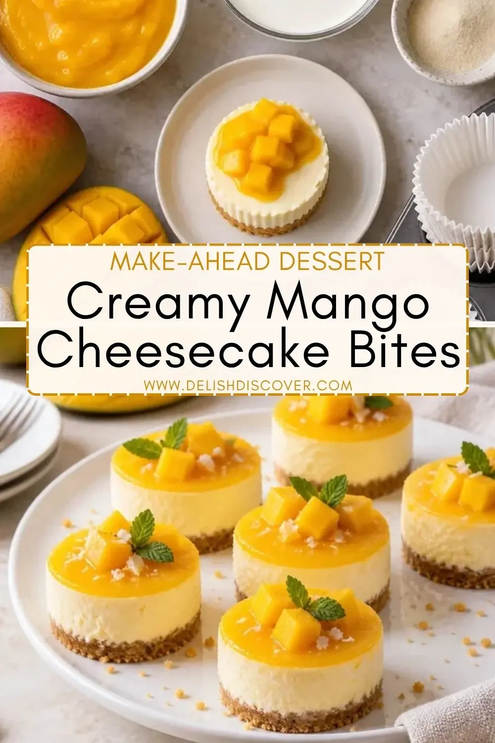 Creamy mango cheesecake bites arranged on a platter, topped with fresh mango, with mango puree and ingredients visible nearby.