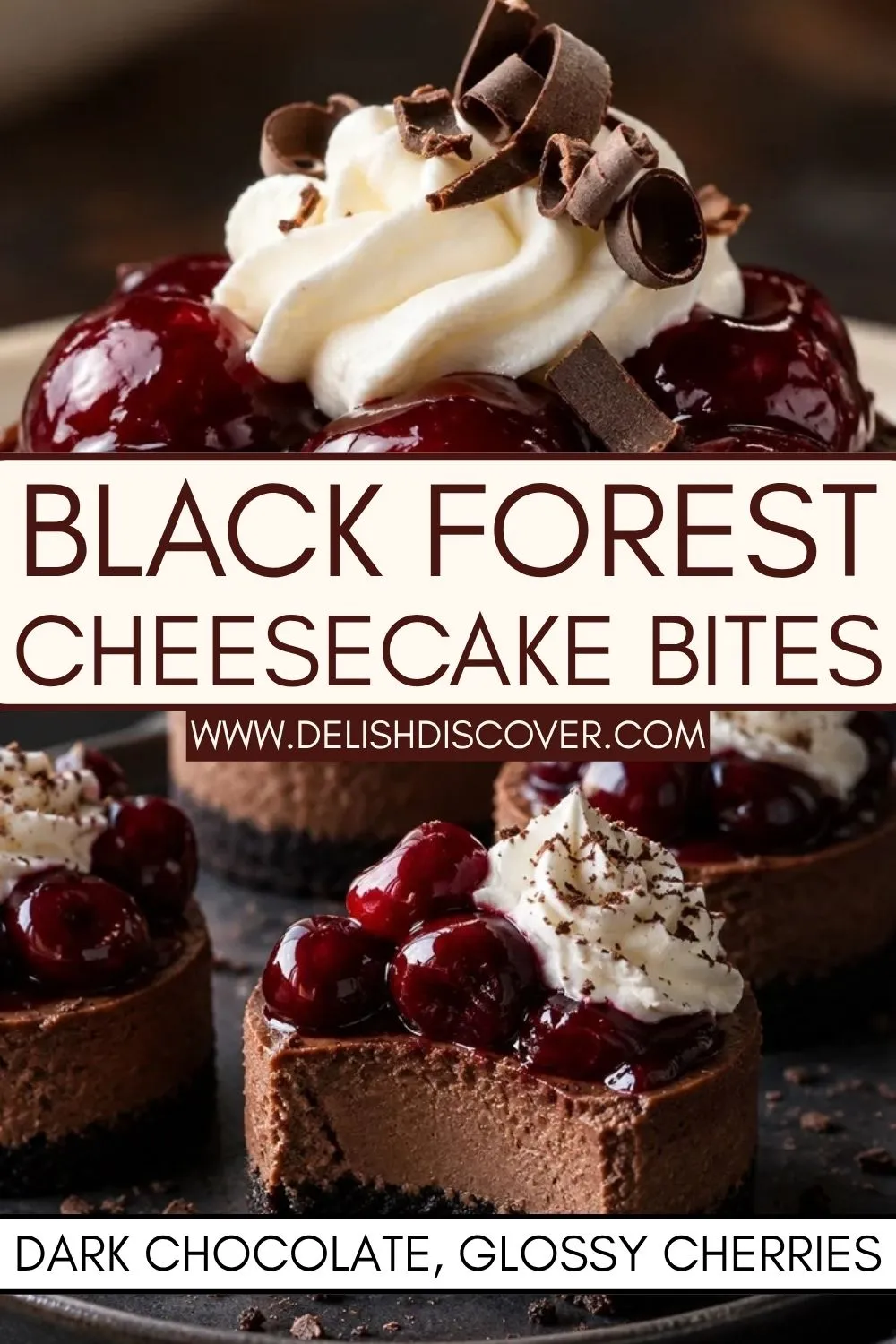 Chocolate cheesecake bites topped with glossy dark cherries, swirls of whipped cream, and curled chocolate shavings.