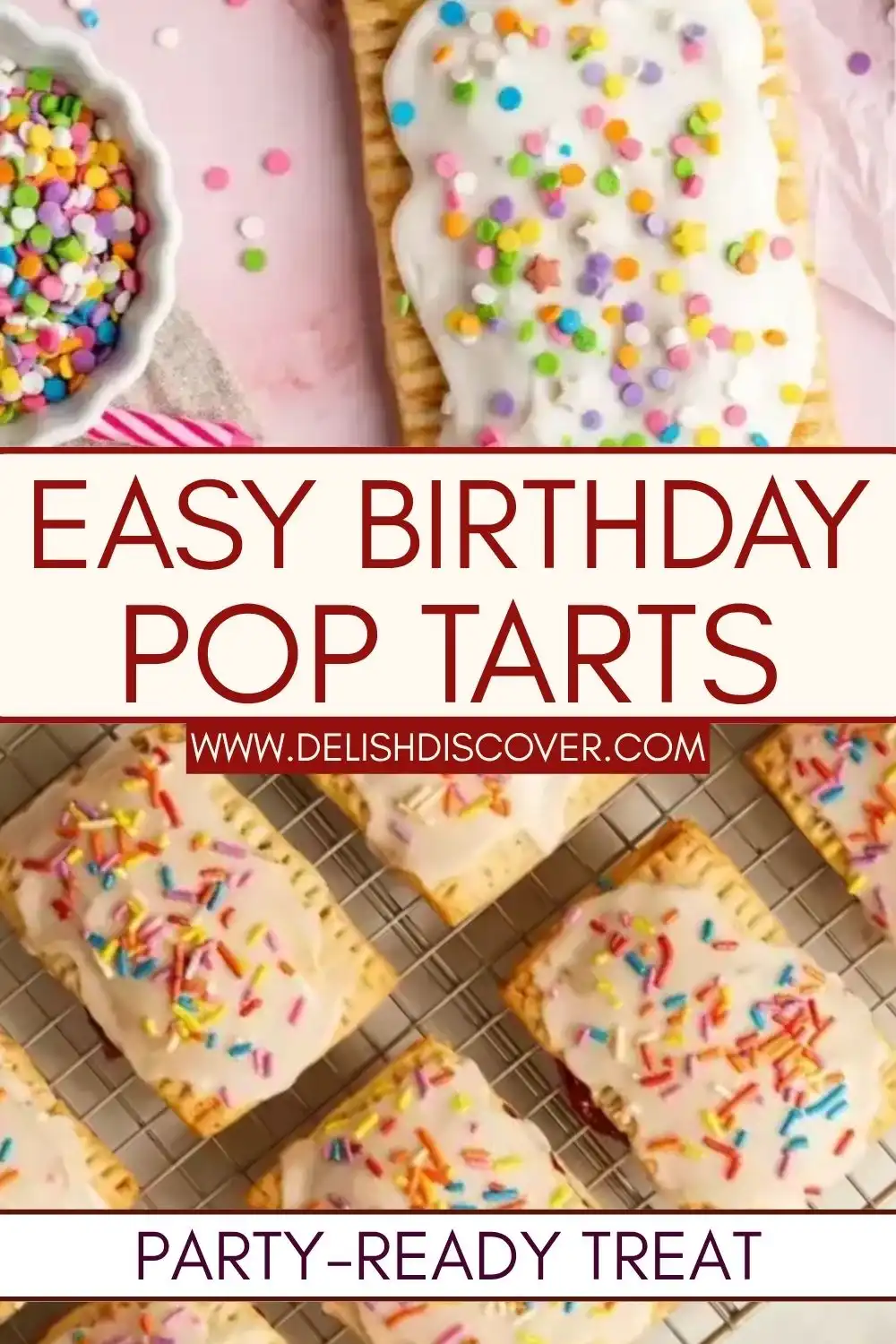 Golden rectangular pastries covered with white vanilla icing and colorful rainbow sprinkles on a pink birthday-themed background.