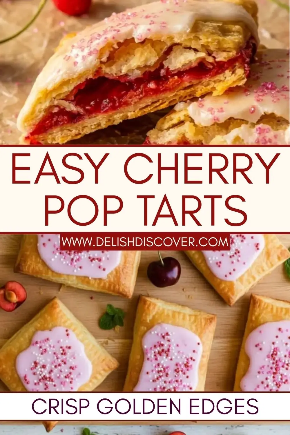 Golden cherry pastries topped with pale pink glaze and sprinkles, with one cut open to reveal a thick red cherry filling inside flaky crust.