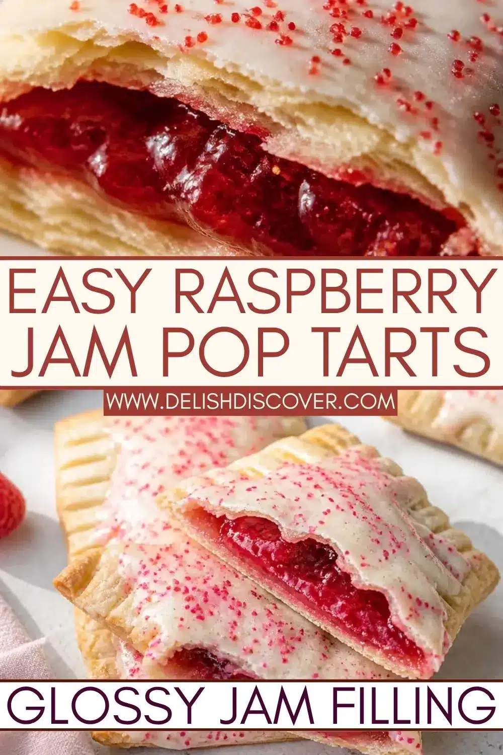 Stacked raspberry-filled pastries topped with pale vanilla icing and red sprinkles, with one cut open to show the thick glossy jam center.