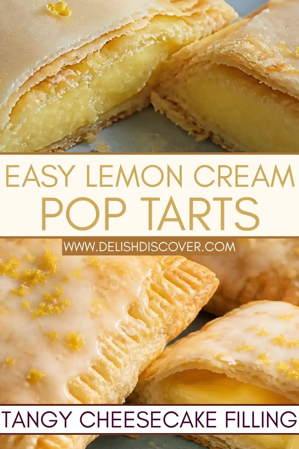 Golden glazed lemon pastries with fork-crimped edges and a cut-open center showing thick pale-yellow lemon cream cheese filling.
