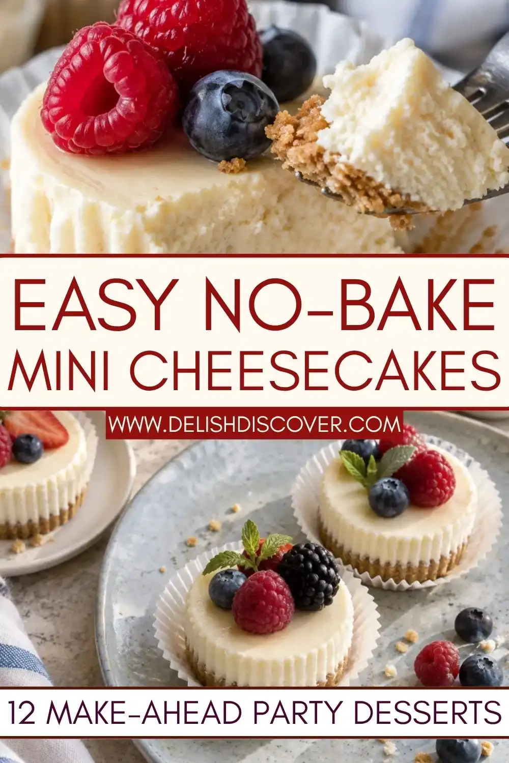 Several individual cheesecakes in paper liners topped with raspberries, blueberries, blackberries, and mint on a serving tray.