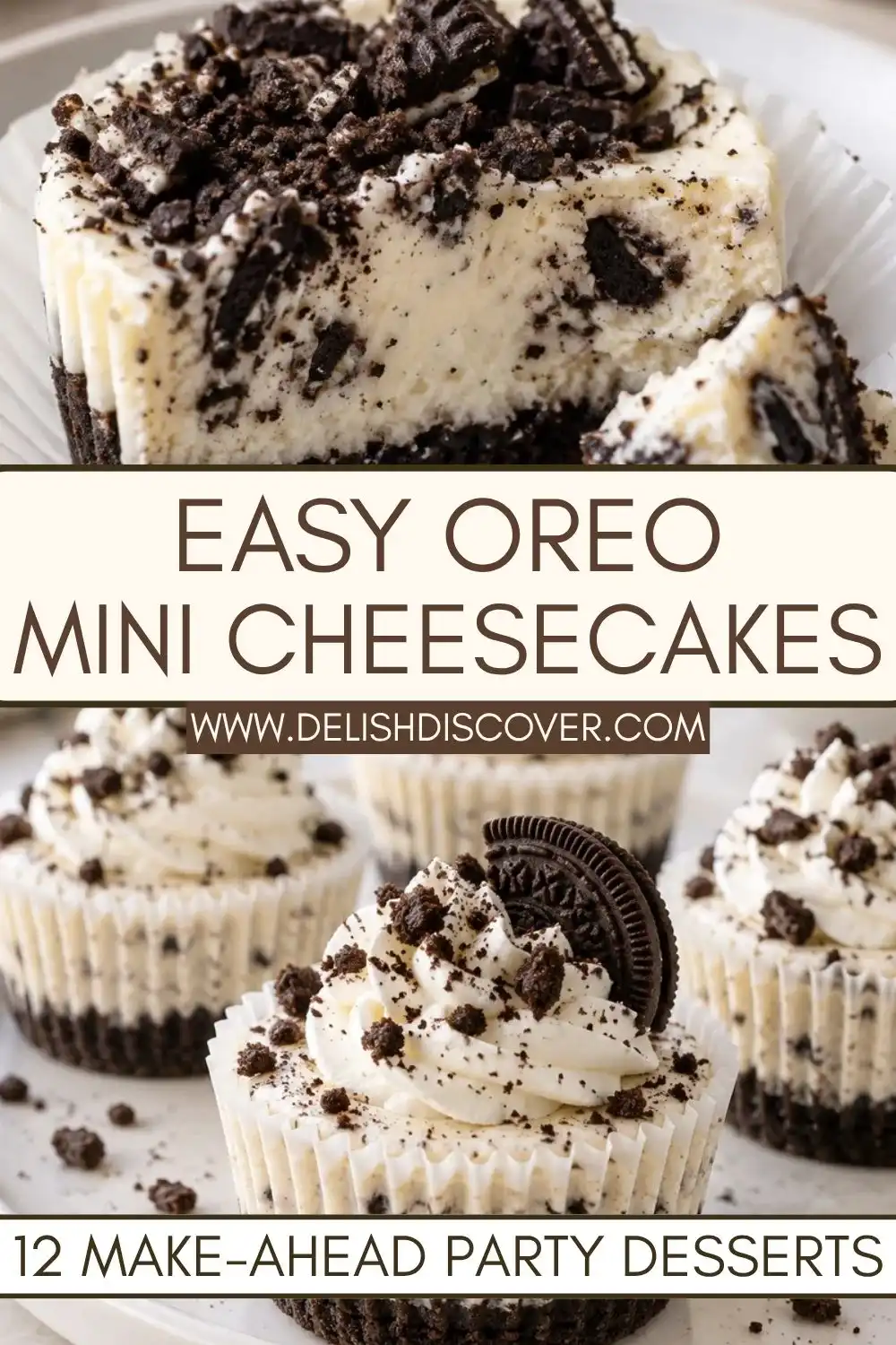 Individual cookies-and-cream mini cheesecakes with dark crumb crusts, fluffy cream filling, whipped cream swirls, Oreo pieces, and cookie crumbs.