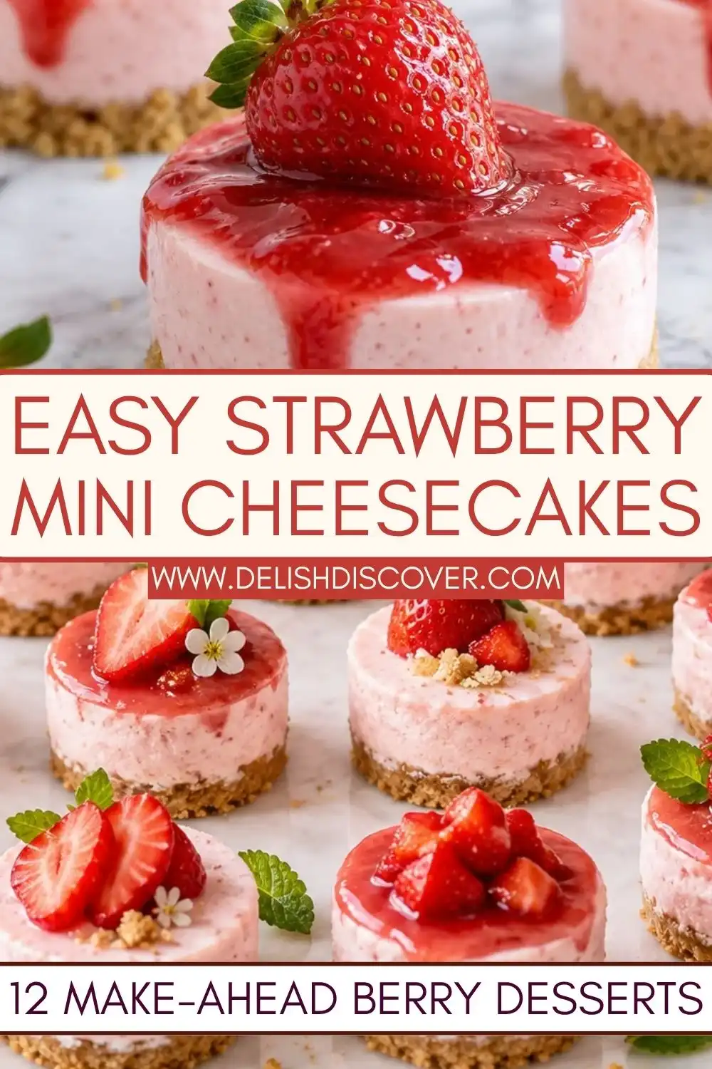 Individual pink strawberry cheesecakes with graham cracker crusts, glossy red berry topping, fresh strawberries, and mint.