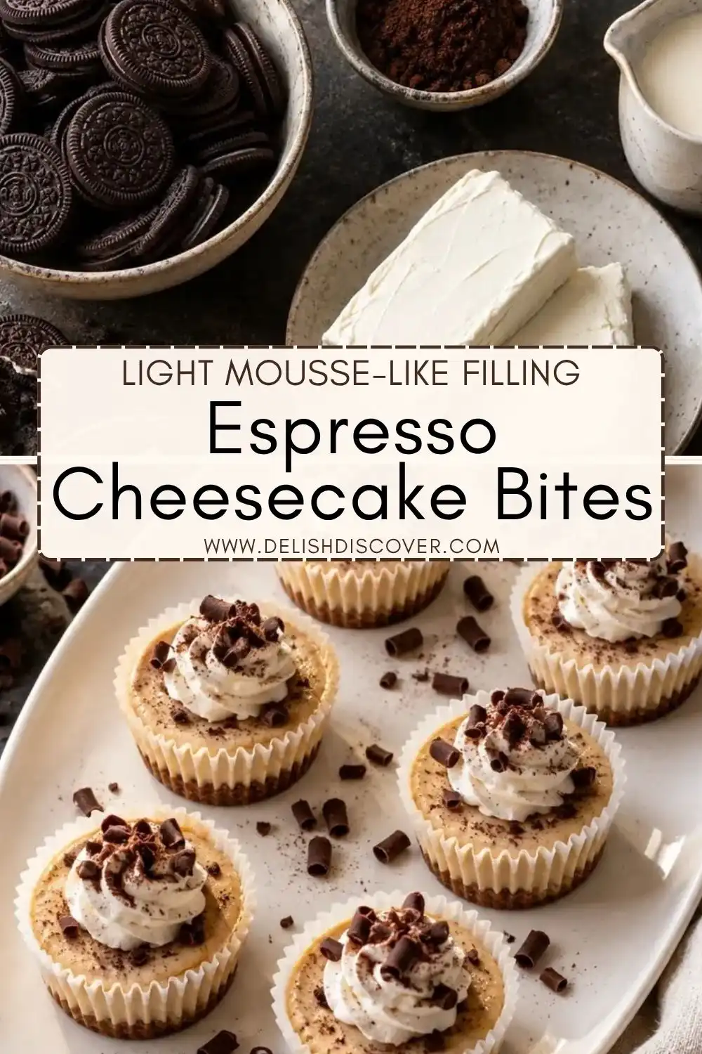 A Pinterest pin showing espresso cheesecake bites with a light mousse-like filling, topped mini cheesecakes on a tray, and coffee-inspired dessert styling.