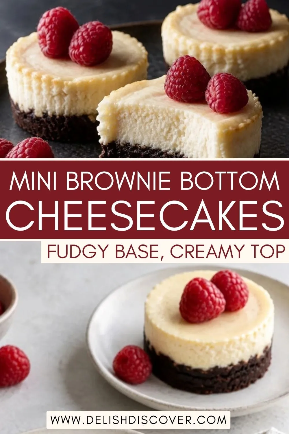 Several individual vanilla cheesecakes with thick dark brownie bottoms and fresh raspberries, including one cake with a bite removed.