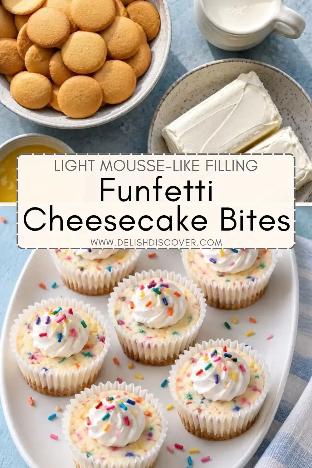 Funfetti cheesecake bites with creamy sprinkle-filled cheesecake, whipped cream topping, rainbow jimmies, and a golden vanilla cookie crust.