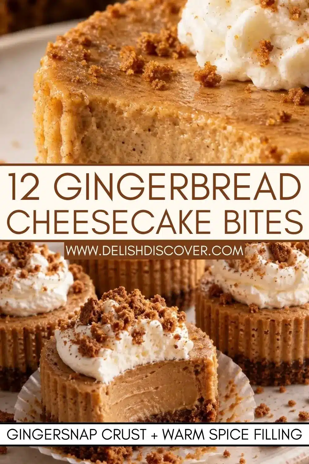 Twelve small baked cheesecake bites with caramel-colored gingerbread filling, crisp gingersnap bases, whipped cream, and crushed cookie topping.