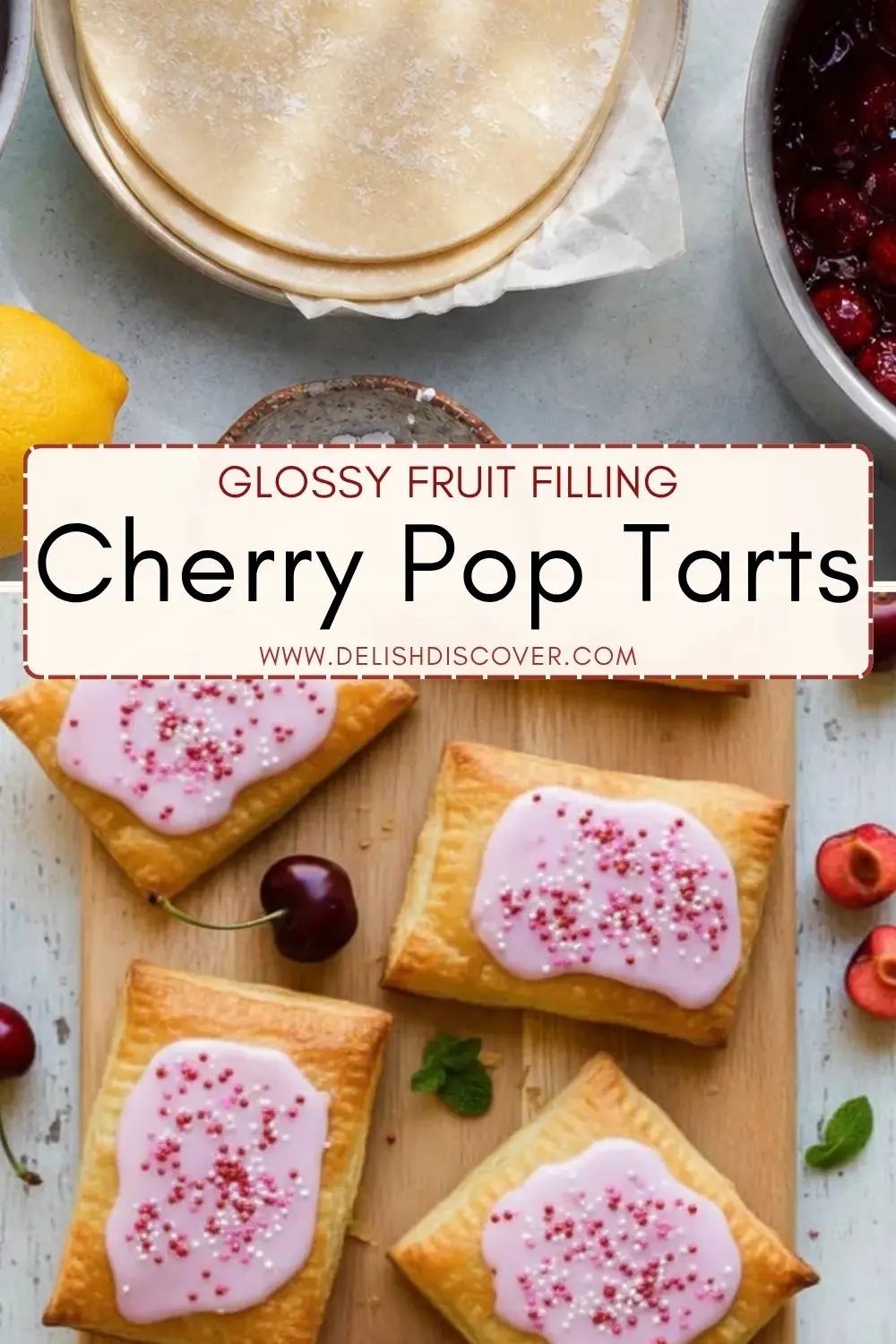 Rectangular golden pastries with glossy pink icing and sprinkles arranged beside fresh cherries and a bowl of thick cherry filling.