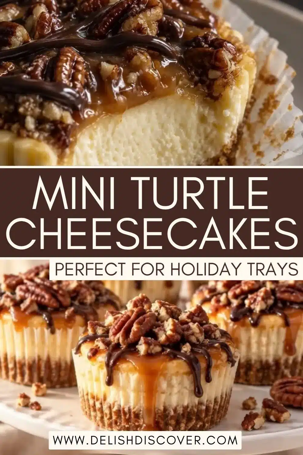 Mini turtle cheesecakes with caramel, chocolate drizzle, and pecans arranged on a serving platter for a holiday dessert tray.