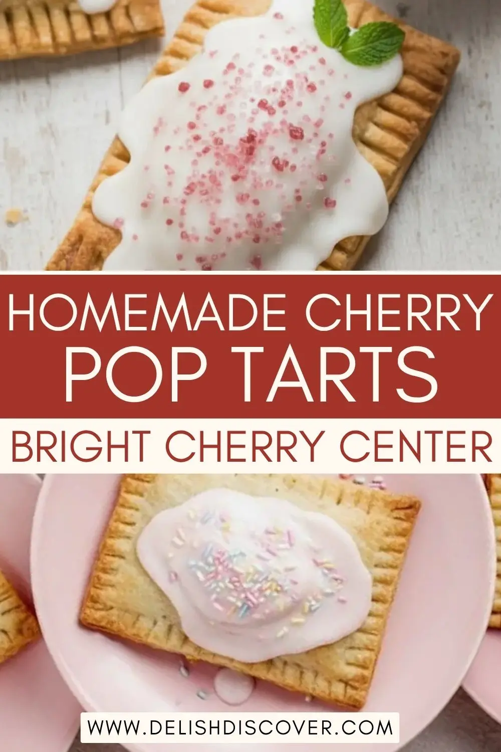 Homemade fork-crimped cherry pastries with golden edges, pale pink glaze, sprinkles, and a bright fruit filling tucked inside.