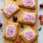 Homemade Cherry Pop Tarts 10 Four homemade cherry pop tarts with pink icing and sprinkles on a board, surrounded by fresh cherries, rustic background, and a beige napkin
