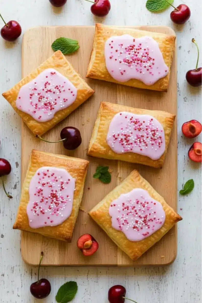 Homemade Cherry Pop Tarts 1 Four homemade cherry pop tarts with pink icing and sprinkles on a board, surrounded by fresh cherries, rustic background, and a beige napkin