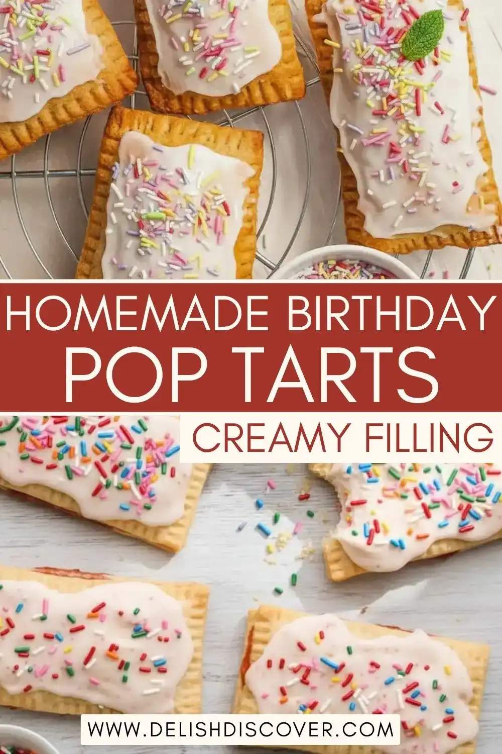 Homemade golden pop tarts topped with pale vanilla glaze and multicolored sprinkles, with crisp crimped pastry edges visible.